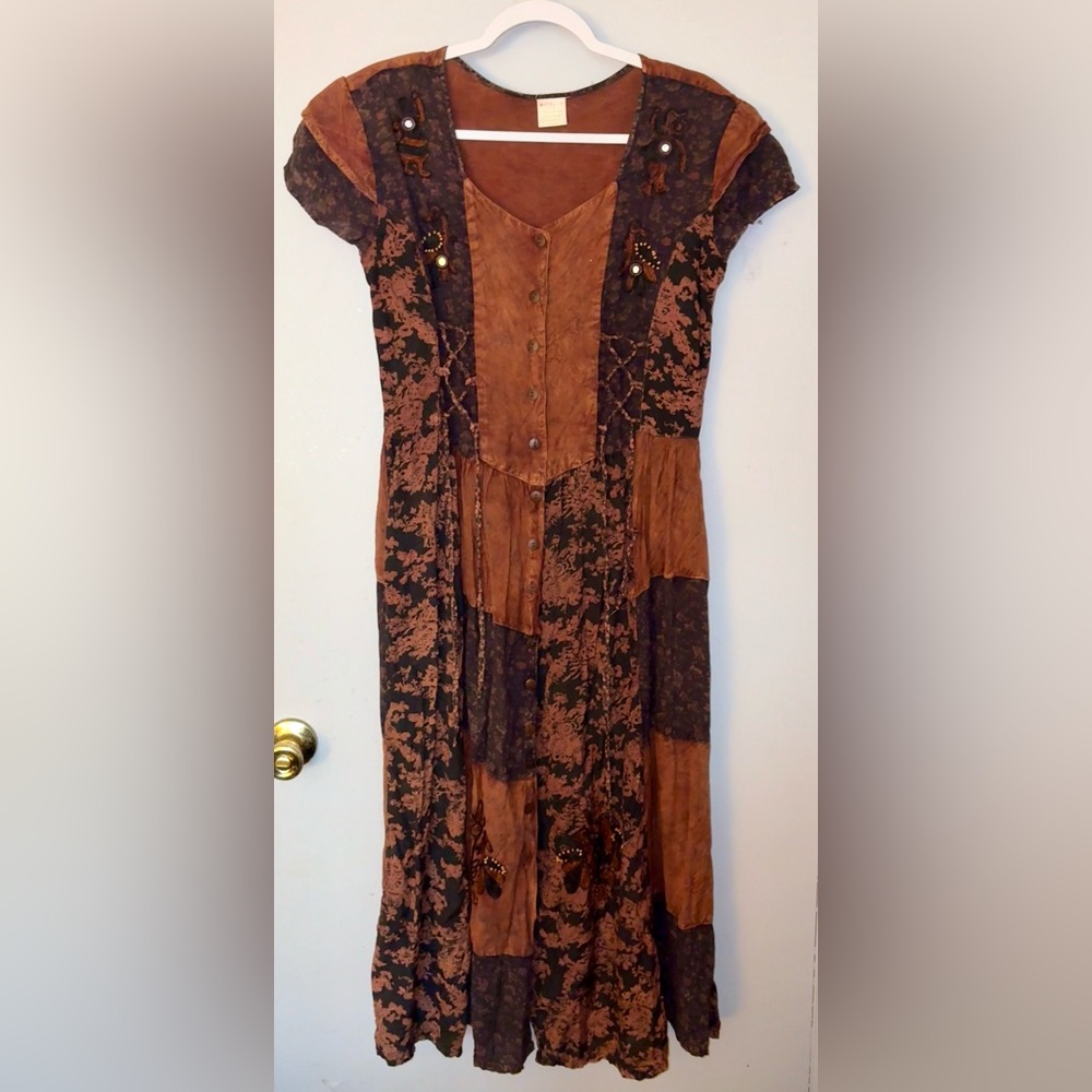 Vintage Embroidered Beaded bohemian-style Floral patchwork 100% Rayon maxi dress